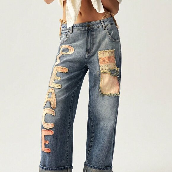 Denim - Medium Wash Casual Women's Distressed Letter Patch Loose Fit Denim Jeans